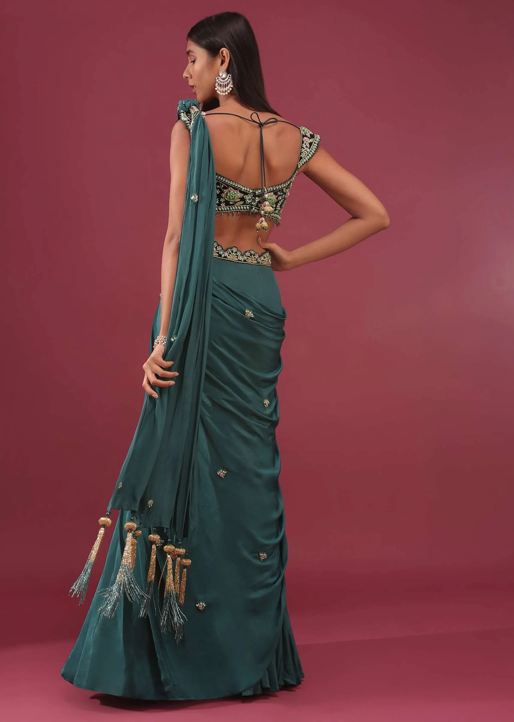 Emerald Green Pre-Pleated Saree With Floral Buttis And Embroidered Blouse - NOOR 2022