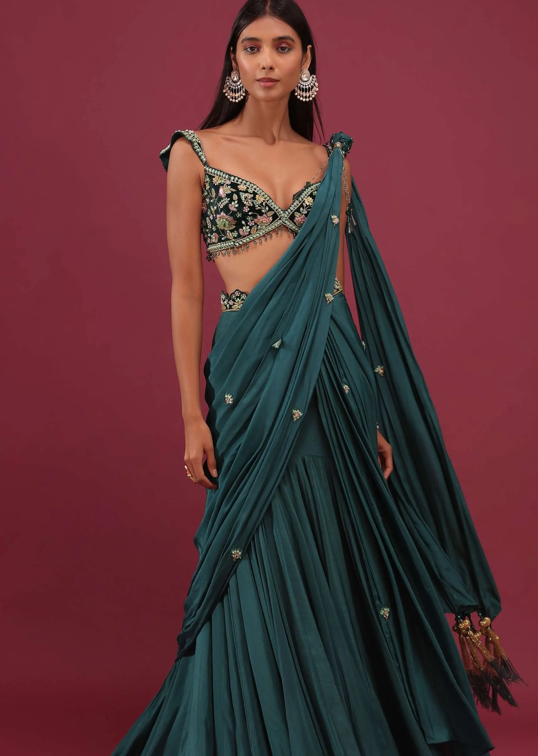 Emerald Green Pre-Pleated Saree With Floral Buttis And Embroidered Blouse - NOOR 2022