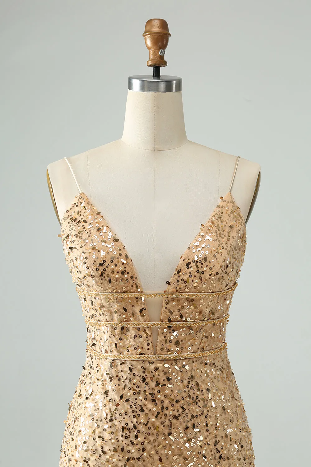 Glitter Golden Bodycon Spaghetti Straps Corset Short Homecoming Dress with Sequins