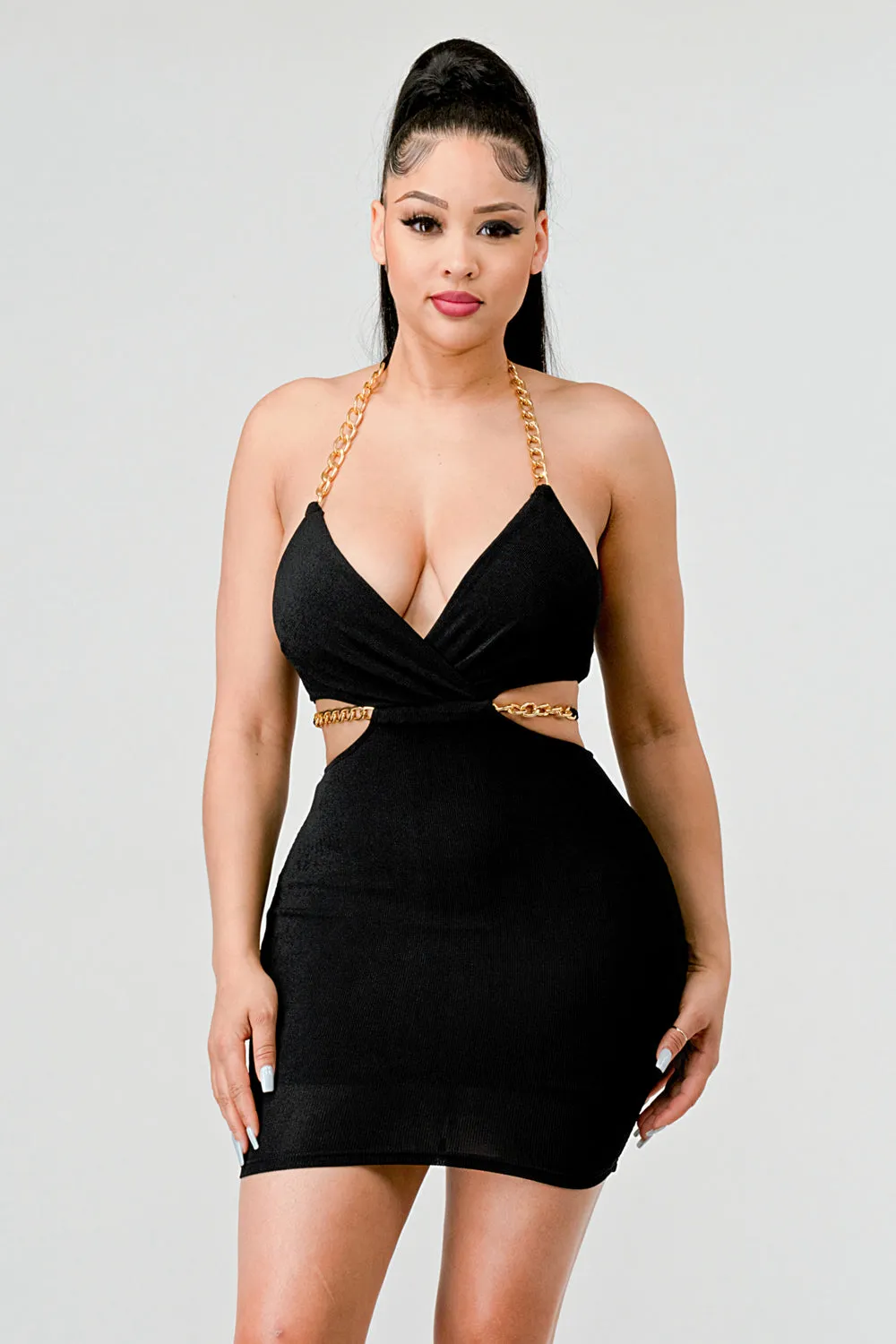 LUXE GOLD CHAIN WAIST TIE AND HATLER MINI DRESS