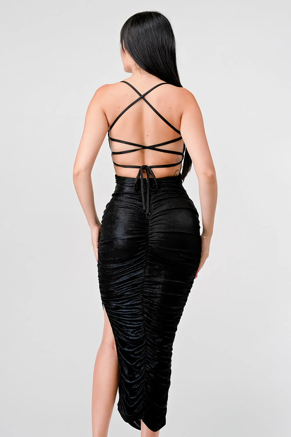 SEXY LIQUID FOILD DRAWSTRING LACE BACK MAXI DRESS