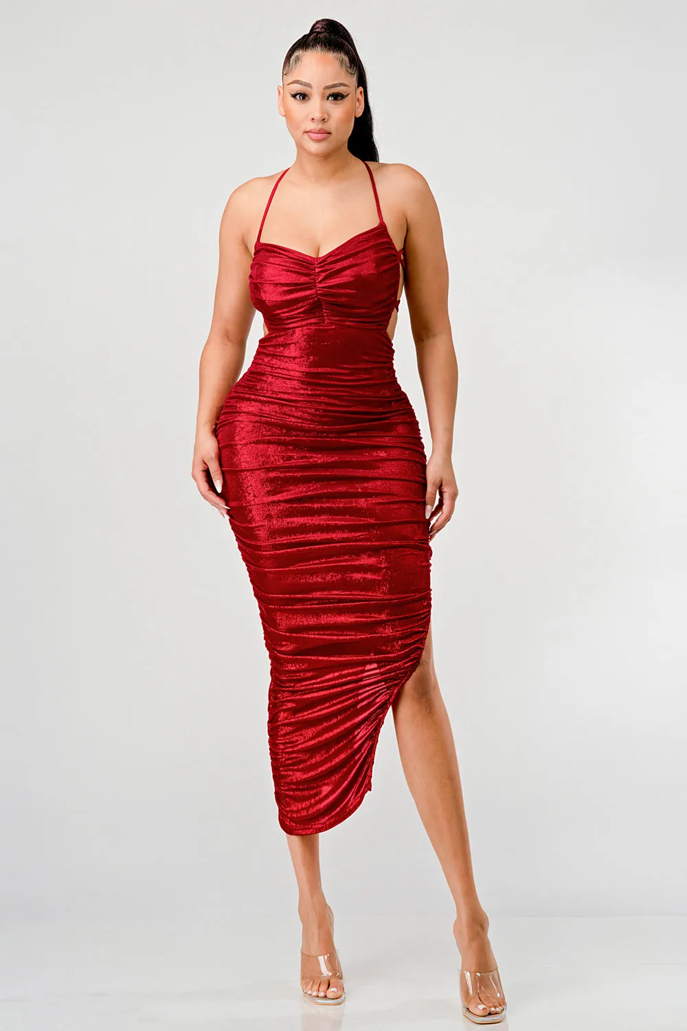 SEXY LIQUID FOILD DRAWSTRING LACE BACK MAXI DRESS