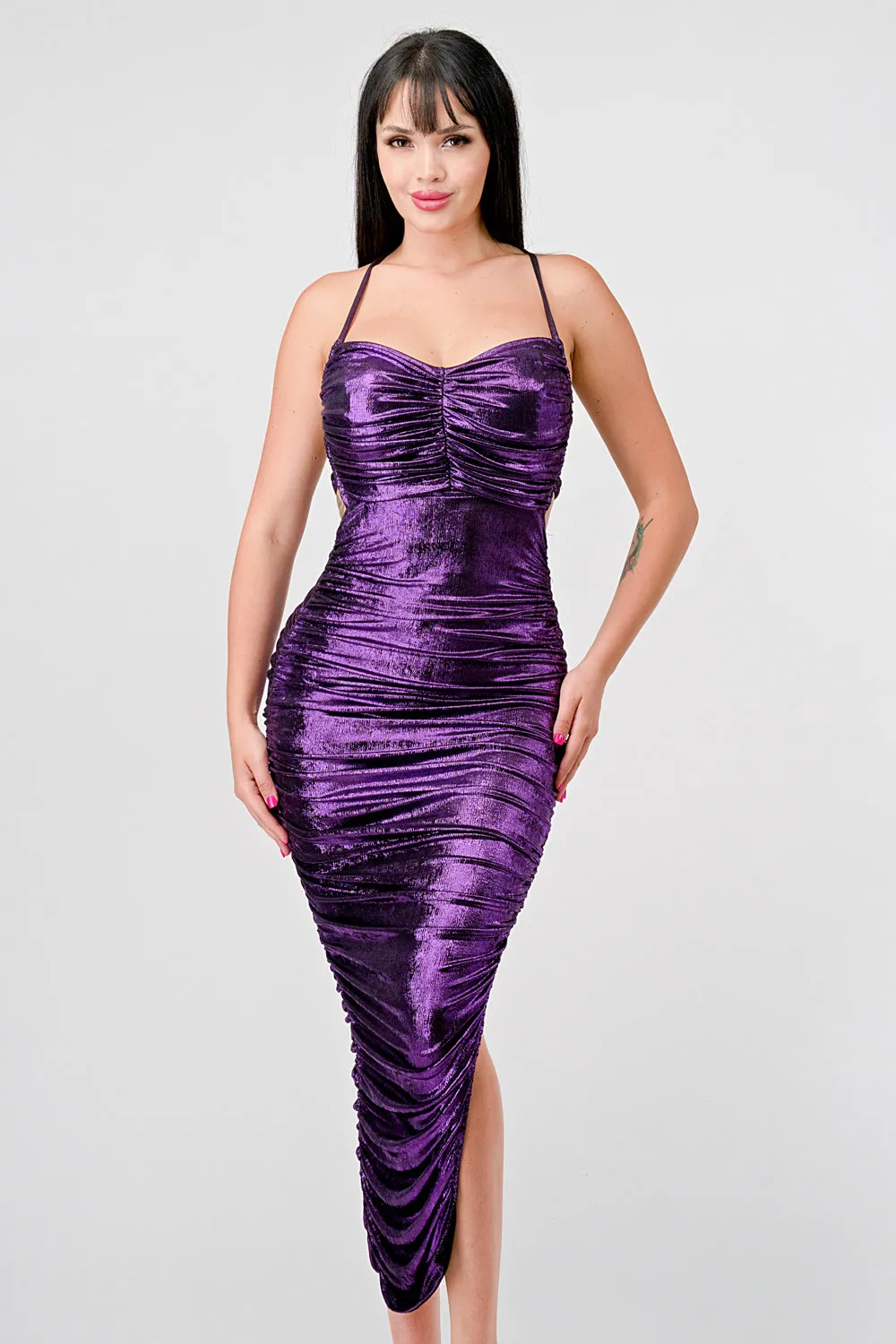 SEXY LIQUID FOILD DRAWSTRING LACE BACK MAXI DRESS
