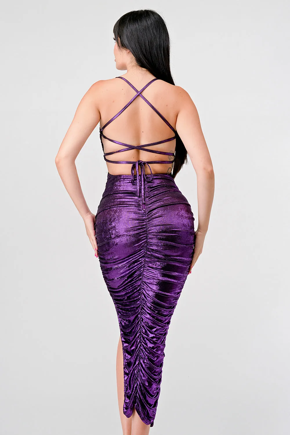 SEXY LIQUID FOILD DRAWSTRING LACE BACK MAXI DRESS