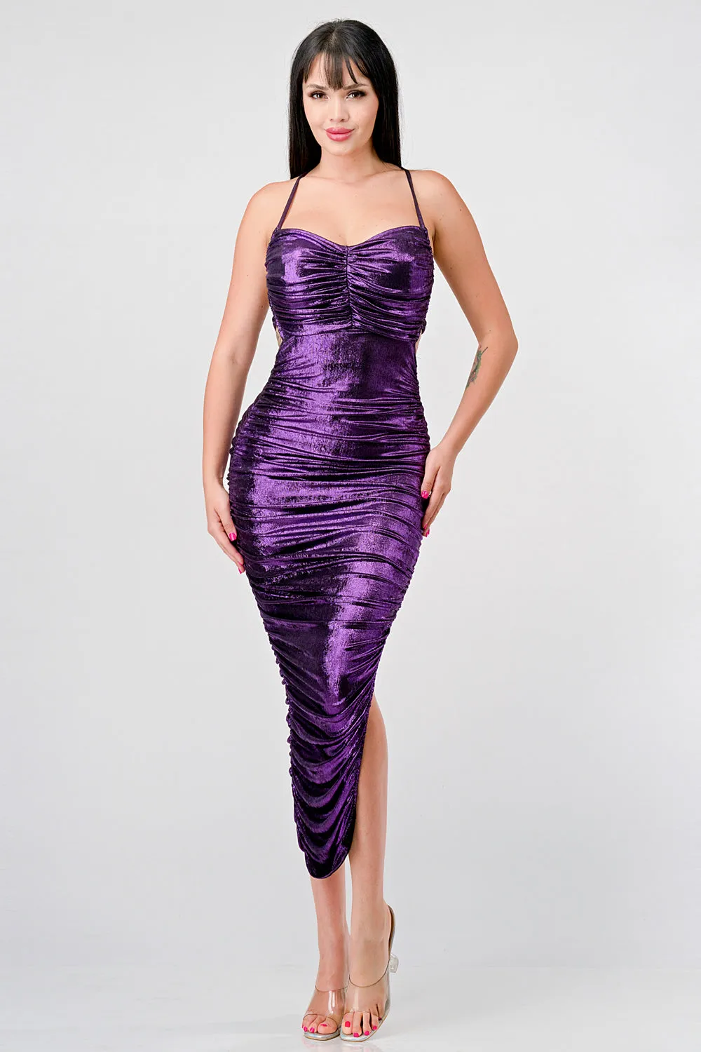 SEXY LIQUID FOILD DRAWSTRING LACE BACK MAXI DRESS