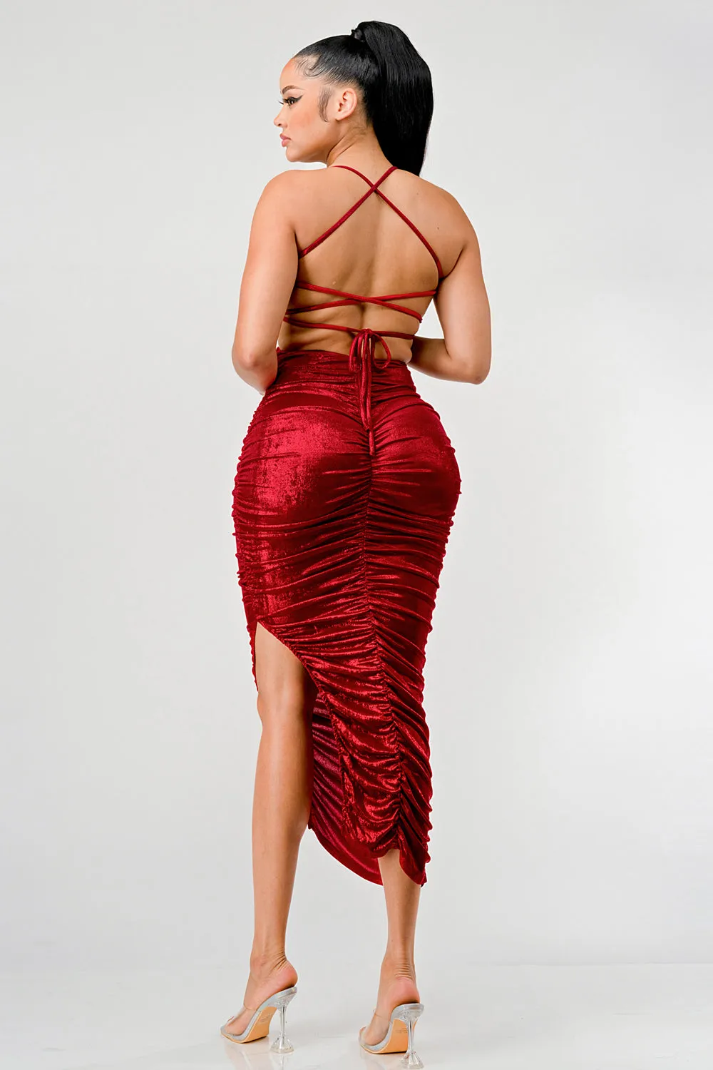 SEXY LIQUID FOILD DRAWSTRING LACE BACK MAXI DRESS