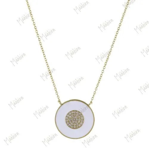 White Enamel Diamond Disc Necklace